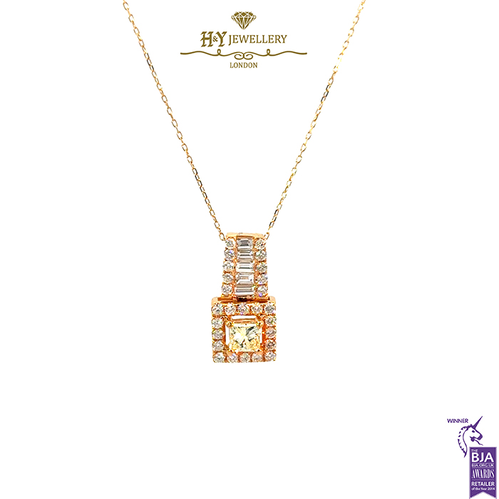 Yellow Gold Pendant Princess Cut & Baguette Cut Diamond - 0.87ct-0