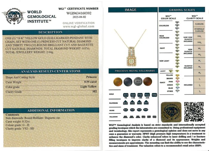 Yellow Gold Pendant Princess Cut & Baguette Cut Diamond - 0.87ct-16682