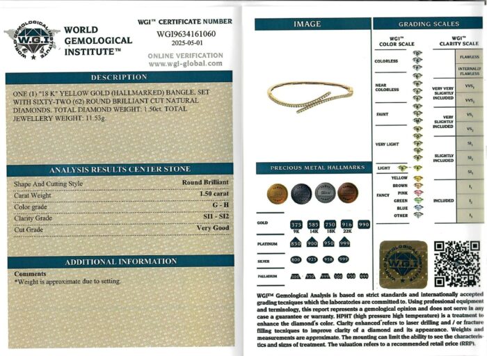 Yellow Gold Round Brilliant Cut Diamond Bangle - 1.50ct-17202