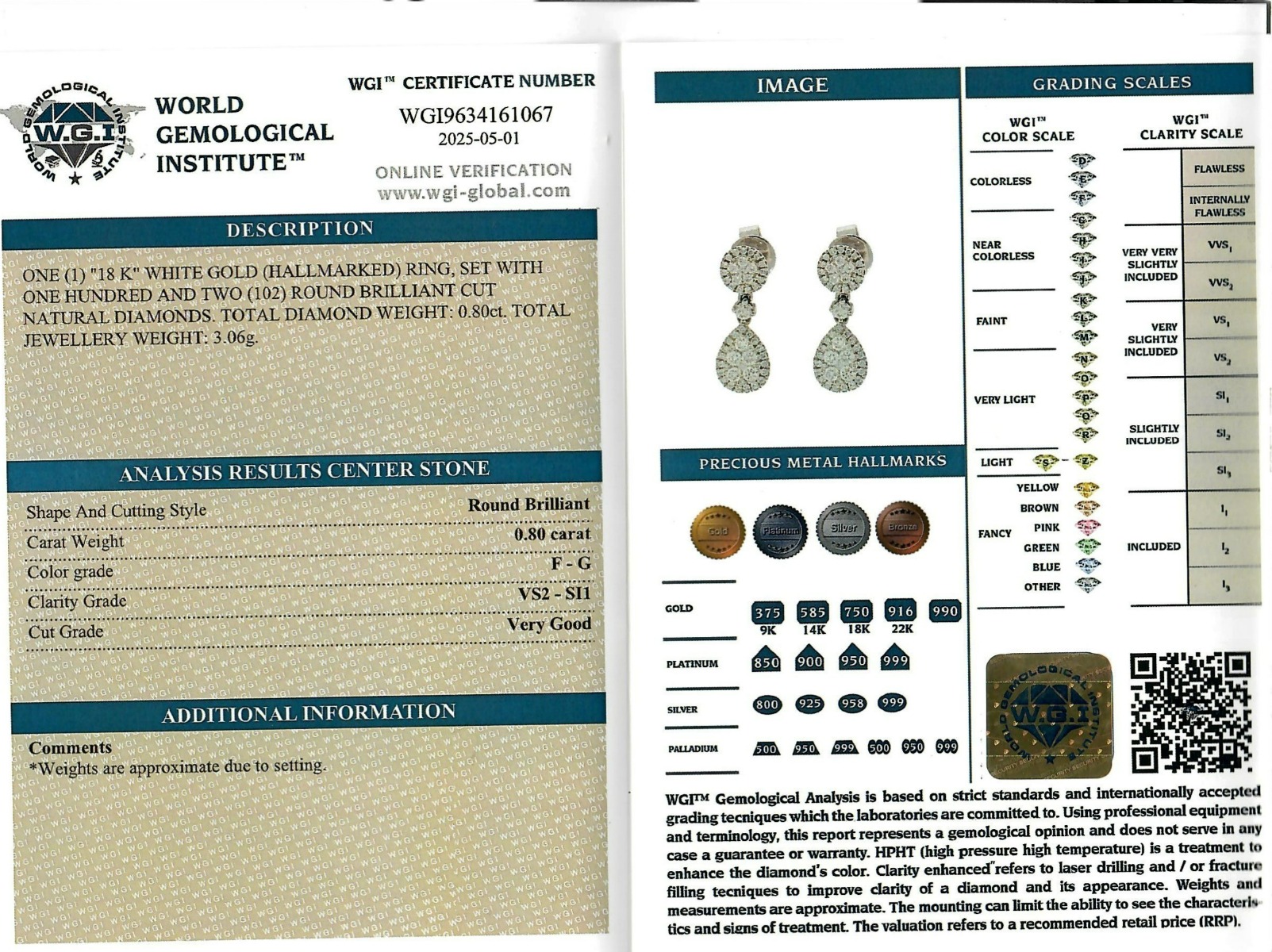 White Gold Brilliant Cut Diamond Earrings - 0.80ct-17220