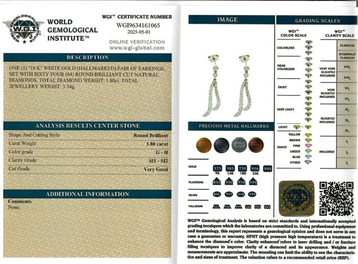 White Gold Brilliant Cut Diamond Earrings - 1.80ct-17222