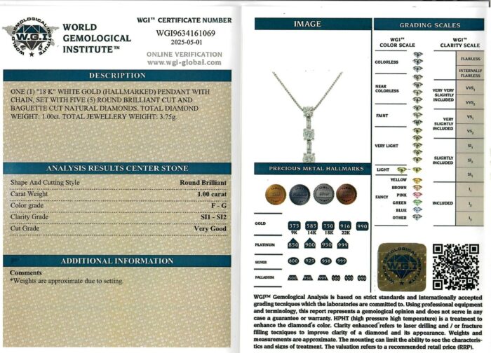 White Gold Round Cut Diamond & Baguette Cut Diamond Pendant - 1.00ct-17204