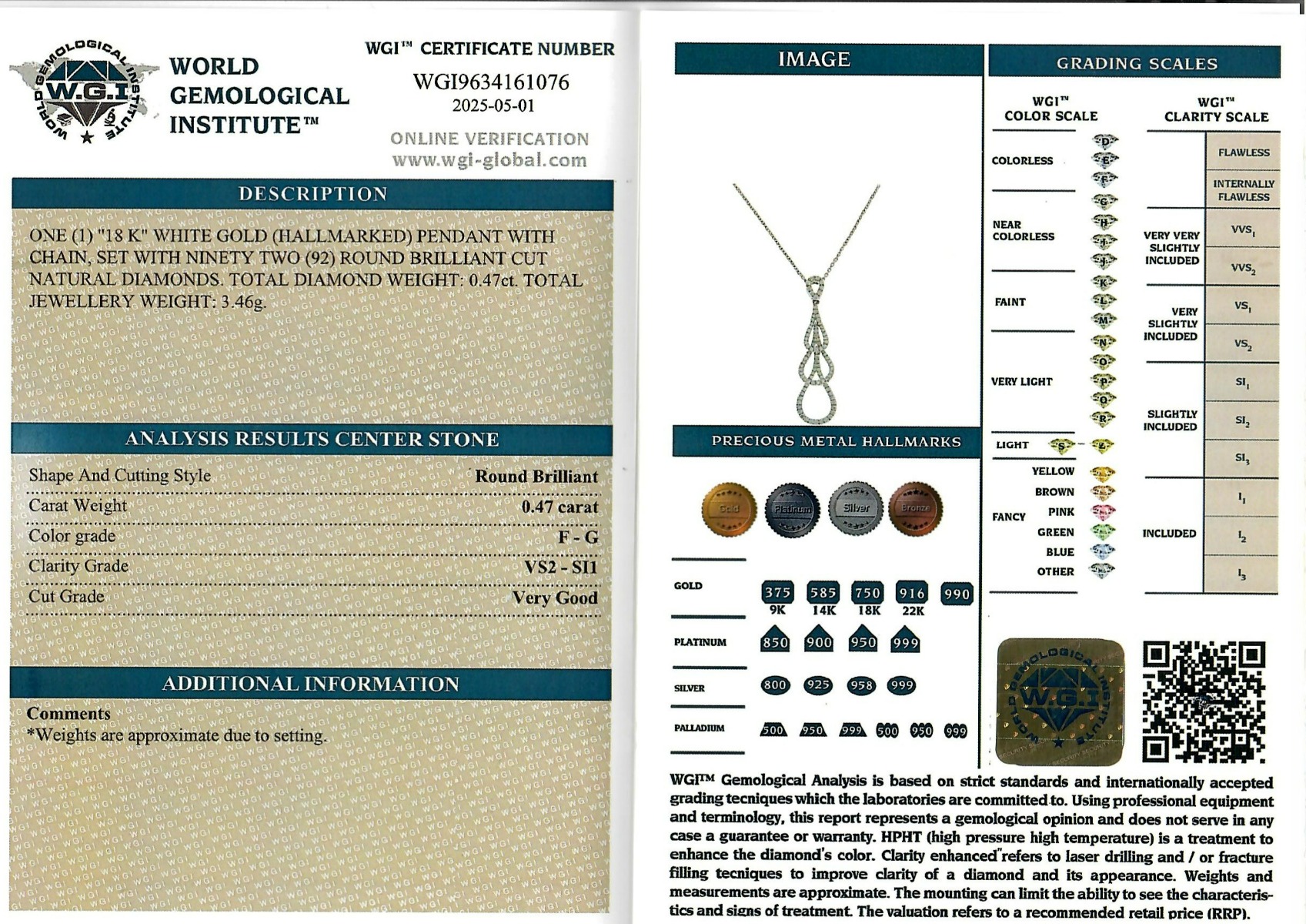 White Gold Round Brilliant Cut Diamond Pendant - 0.47ct-17205