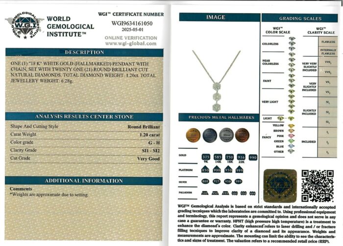 White Gold Round Brilliant Cut Diamond Pendant - 1.20ct-17206