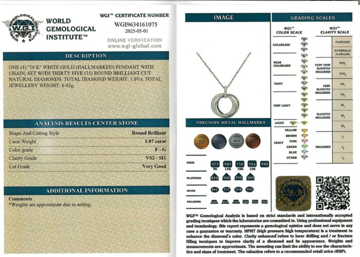 White Gold Round Brilliant Cut Diamond Pendant - 1.07ct-17207