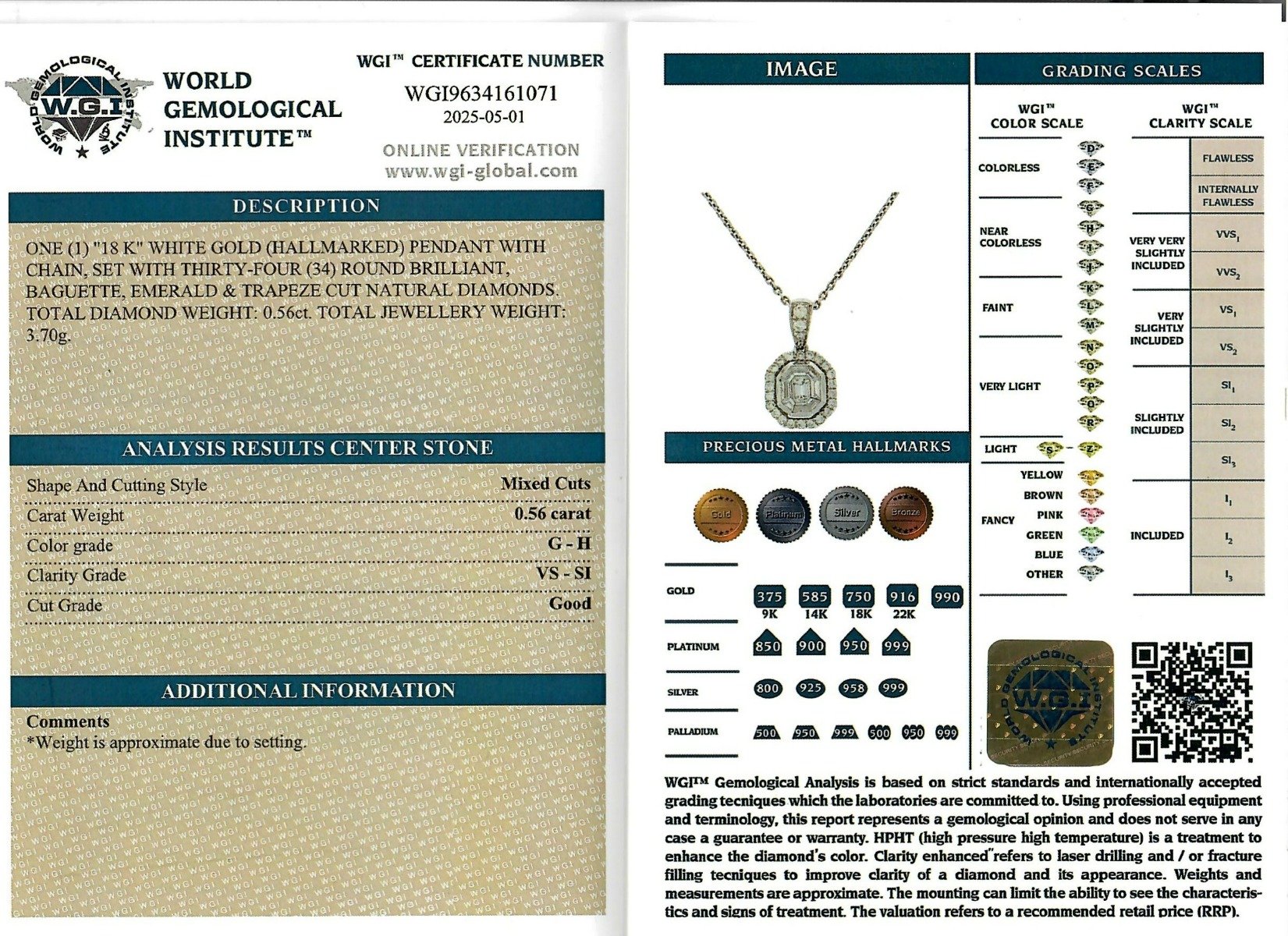 White Gold Pendant Round & Baguette Cut - 0.56ct-17208