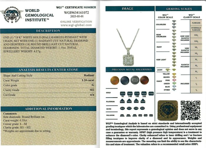White Gold Radiant Cut & Round Brilliant Cut Diamond Pendant - 1.55ct-17209