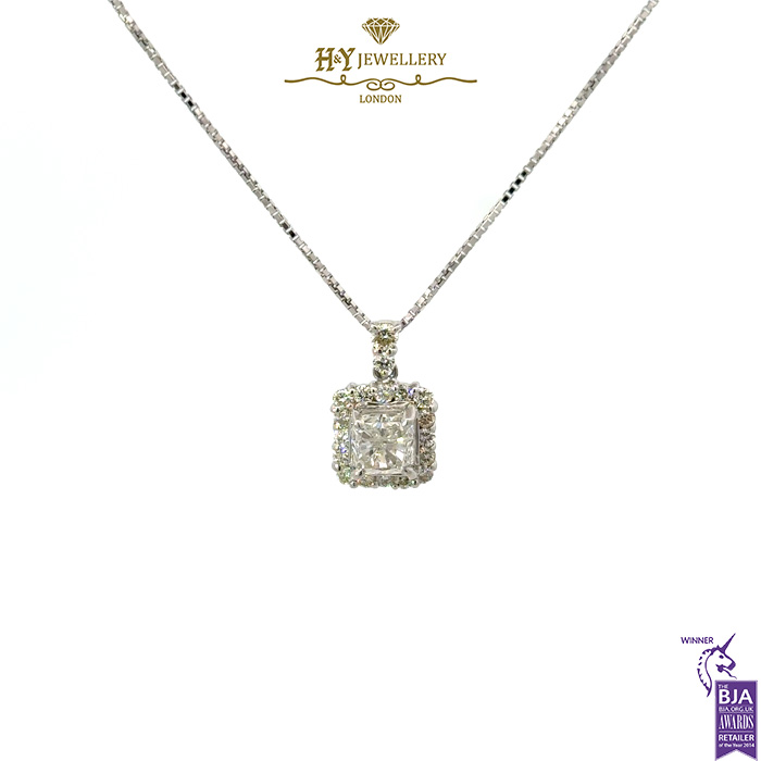 White Gold Radiant Cut & Round Brilliant Cut Diamond Pendant - 1.55ct-0