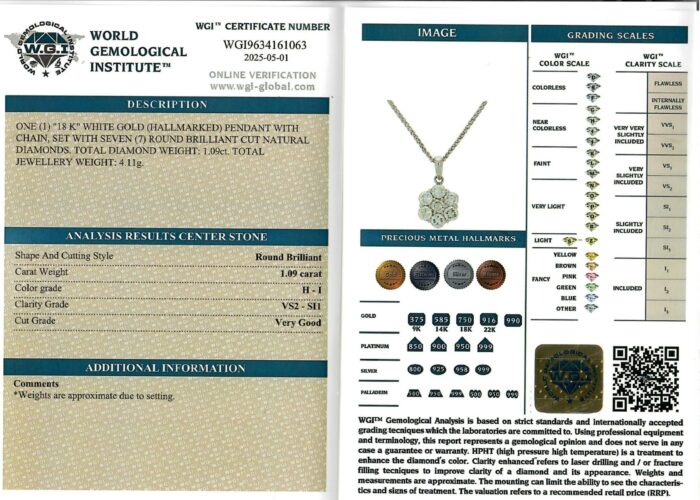 White Gold Round Brilliant Cut Diamond Pendant - 1.09ct-17213