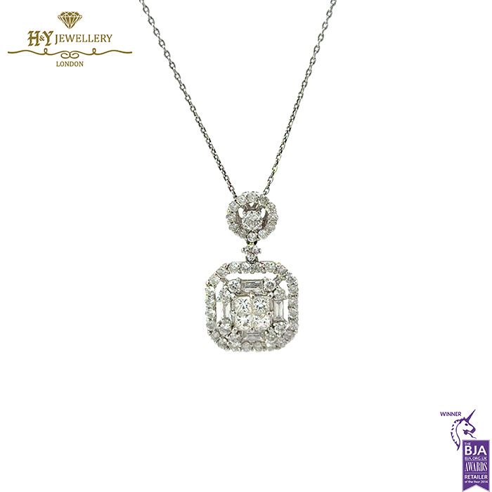 White Gold Round Brilliant & Princess Cut And Baguette Cut Pendant - 1.18ct-0