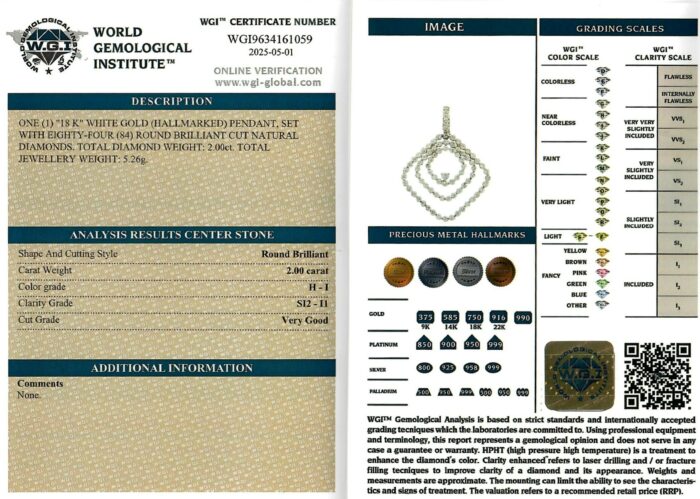 White Gold Round Brilliant Cut Diamond Pendant - 2.00ct-17216