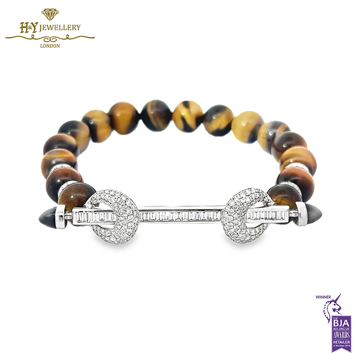 Ananya Chakra Baguette Wristwear White Gold & Black Onyx & Diamond Bar with Tigersn Eye Beads - 2.98ct-0