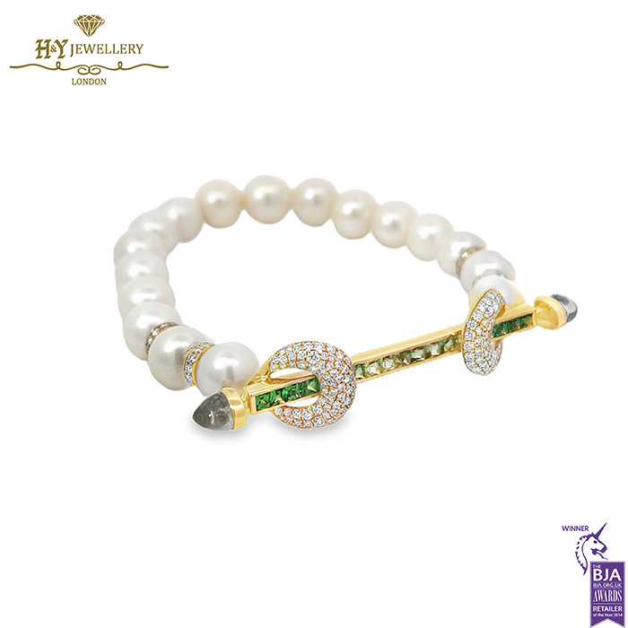 Ananya Chakra Ombre Baguette Wristwear Yellow Gold Tsavorite Ombre Crystal Quartz & Diamond Bar with Pearls Beads - 1.22ct-17037