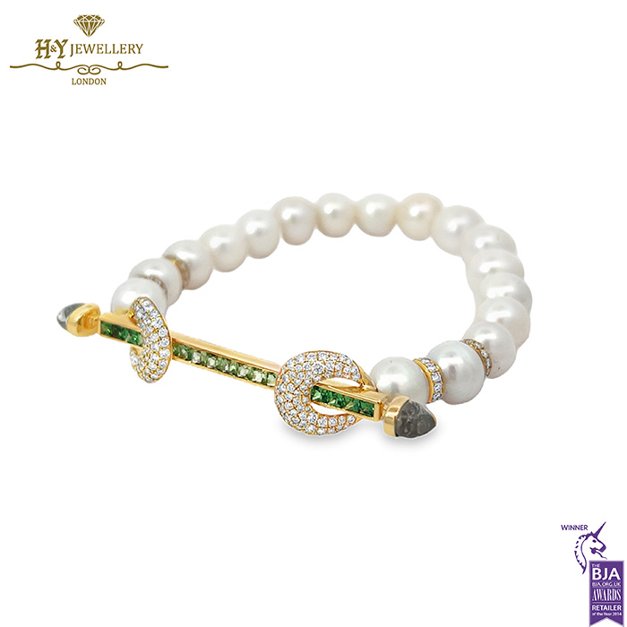 Ananya Chakra Ombre Baguette Wristwear Yellow Gold Tsavorite Ombre Crystal Quartz & Diamond Bar with Pearls Beads - 1.22ct-17038