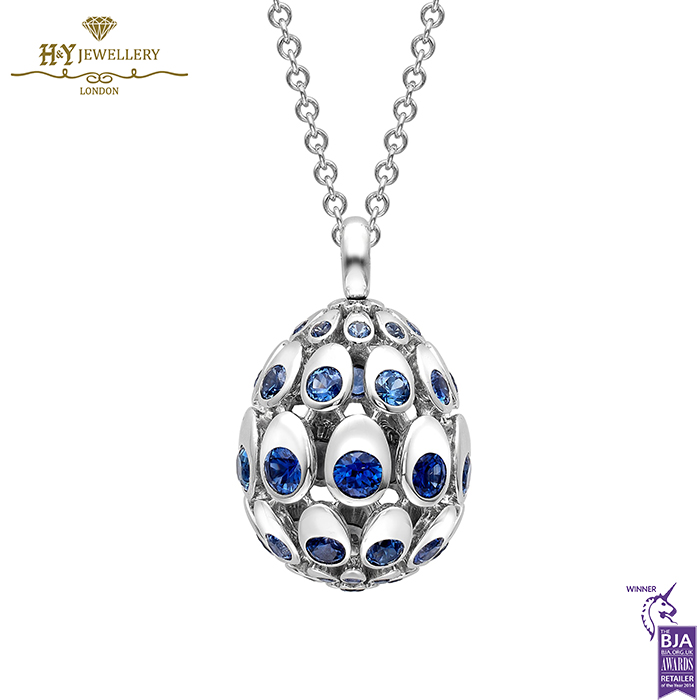 Cosmic Curve White Gold Blue Sapphire Egg Pendant -0