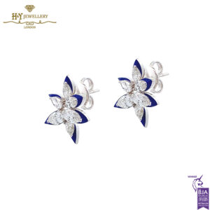 Asymmetric Floral Studs Blue Enamel & White Gold - 2.89ct-17535
