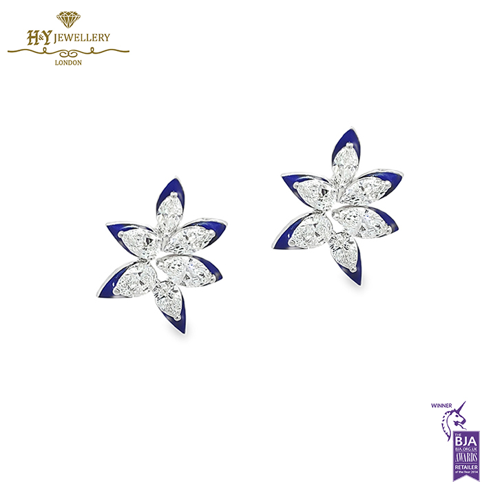Asymmetric Floral Studs Blue Enamel & White Gold - 2.89ct-0