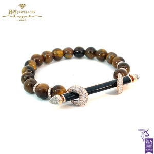 Ananya Chakra Rose Gold Diamond & Crystal Quartz & Black Onyx Bar with Tiger Eye Beads - 1.23ct-17870