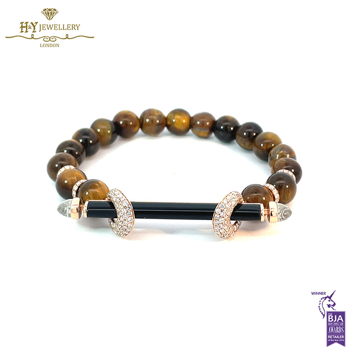 Ananya Chakra Rose Gold Diamond & Crystal Quartz & Black Onyx Bar with Tiger Eye Beads - 1.23ct-0