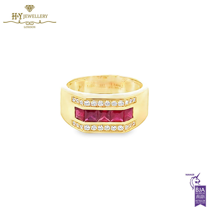 Men’s Yellow Gold Block Design Ring with Diamond & Princess-Cut Ruby - 1.40ct-0