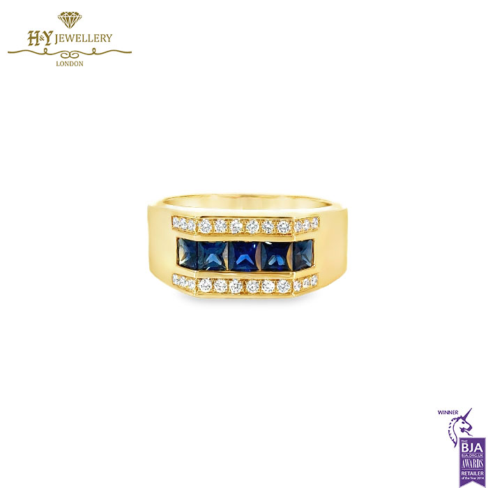 Men’s Yellow Gold Block Design Ring with Diamond & Princess-Cut Sapphire - 1.61ct-0