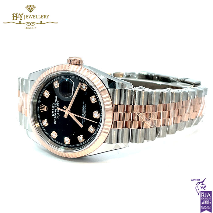 Rolex Date Just Bright Black Dial Set with Diamonds Stainless Steel & Rose Gold - Ref M126231-0019-17931