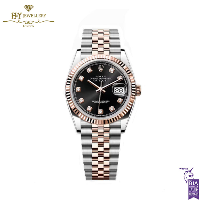 Rolex Date Just Bright Black Dial Set with Diamonds Stainless Steel & Rose Gold - Ref M126231-0019-0